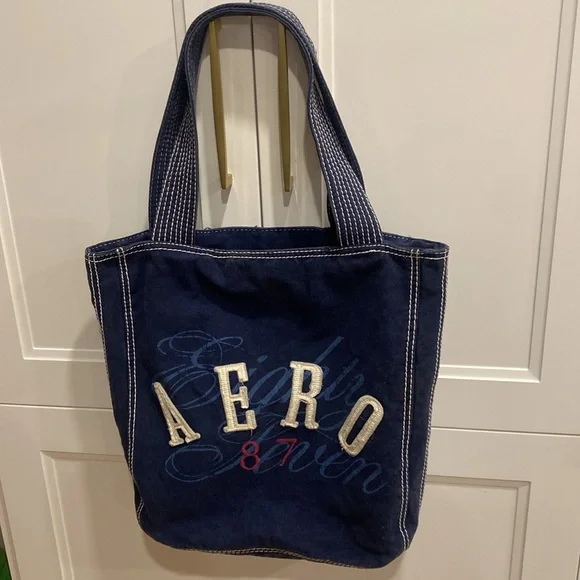 AEROPOSTALE Fabric Navy Blue Jean style Casual Tote Bag with white stitching - Picture 3 of 13